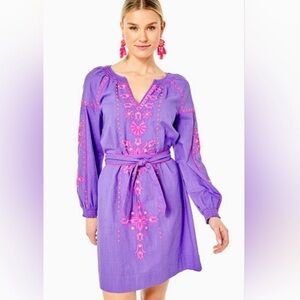 Lilly Pulitzer Cammie Embroidered Dress 6 Boho Long Sleeve Cotton Preppy Purple